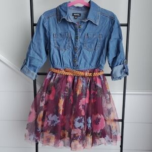Girls Zunie Denim Top with Floral Tulle Skirt in Burgundy